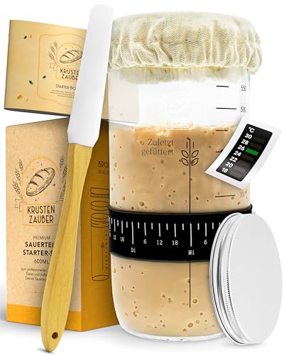 KRUSTENZAUBER Sauerteig Starter Set - 600ml Gärglas mit Spatel u. Thermometer - Brot Backen Zubehör, Sauerteig Glas, Fermentieren, Sourdough Starter Kit, Anstellgut Glas Behälter, Fermentierglas von KRUSTENZAUBER