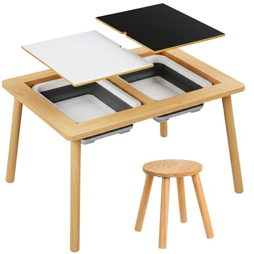 KRUZZEL Montessori Holz-Sensorik-Tisch XL mit Stuhl – 2 Wannen, 2-seitige Tischplatte (Tafel/Weiß), Wasser & Sand Spieltisch – Buche, ab 3 Jahren, skandinavisches Design von KRUZZEL