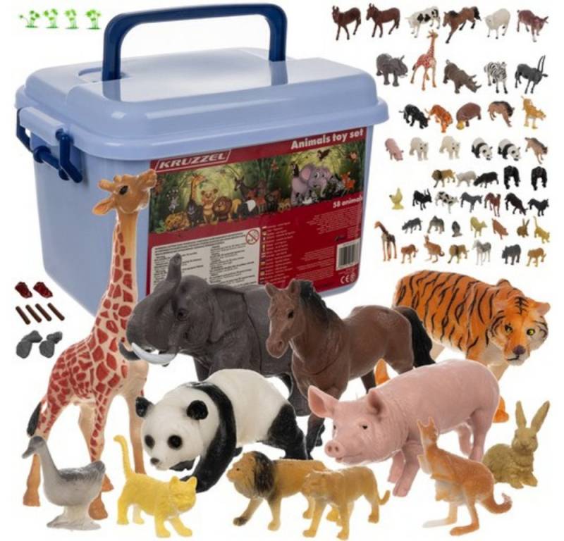KRUZZEL Tierfigur Tiere Figurenset (Spar-Set, 48 St., Spielzeugfiguren), 48 Tierfiguren plus 14 Zubehörteile wie Bäume, Steine und Pflanzen von KRUZZEL