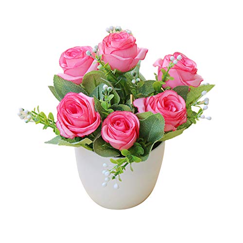 KRX Künstliche Blumen Pot Fake Rose Flower Plant Pot Kleine Bonsai Für Hochzeit, Büro, Tisch, Fenster, Wohnzimmer, Schlafzimmer, Party Rosenrot von KRX