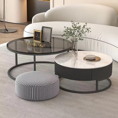 KRXSOBNV, Couchtisch aus Holz, 2er-Set, mit Metallrahmen, modernes kreisförmiges geprägtes Design für Wohnzimmer, Balkon oder Büro, Fußhocker (Schwarz, groß) von KRXSOBNV