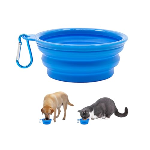 1 Stück Blauer Haustier-Faltnapf mit Karabiner befestigt, Hundenapf aus Kunststoff, Faltbarer Hundenapf, auslaufsicherer Hundetrinknapf, geeignet für Haustiere von KRYMSON