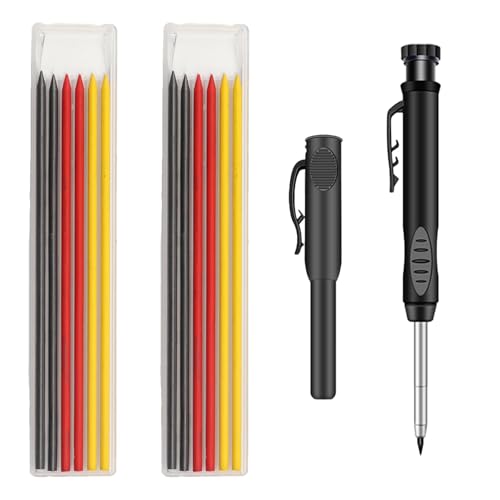Tieflochmarker Bleistift, 1 Stück Baustellen Bleistift mit 12 Ersatzminen(Rot Gelb Schwarz), Präzisionsmarkierungsstift für Holz und Metall, Robustes Handwerker Werkzeug für Tischler und Zimmermann von KRYMXAR