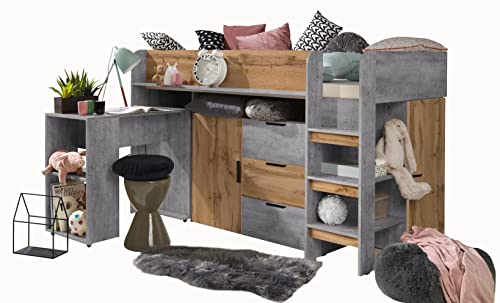 MEBLE KRYSPOL KONKRET 1 Hochbett für Kinder, Jugendliche mit Stauraum - Etagenbett mit Schreibtisch, Schrank, Regal, Schubladen, Treppe - 203,3x106,6x125 cm - Beton, Eiche Wotan, Schwarz von MEBLE KRYSPOL