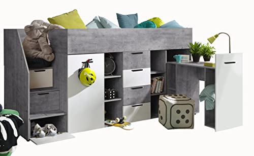 MEBLE KRYSPOL KONKRET 3 Hochbett für Kinder, Jugendliche mit Stauraum - Etagenbett mit Schreibtisch, Schrank, Regal, Schubladen, Treppe - 248,5x93x123 cm - Beton, Weiß mat, Schwarz von MEBLE KRYSPOL