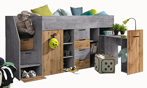 MEBLE KRYSPOL KONKRET 3 Hochbett für Kinder, Jugendliche mit Stauraum - Etagenbett mit Schreibtisch, Schrank, Regal, Schubladen, Treppe - 248,5x93x123 cm - Beton, Eiche Wotan, Schwarz von MEBLE KRYSPOL