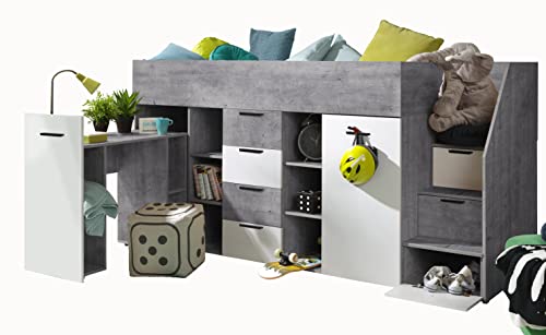 MEBLE KRYSPOL KONKRET 3 Hochbett für Kinder, Jugendliche mit Stauraum - Etagenbett mit Schreibtisch, Schrank, Regal, Schubladen, Treppe - 248,5x93x123 cm - Beton, Weiß mat, Schwarz von MEBLE KRYSPOL