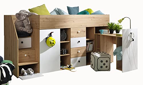 KRYSPOL Etagenbett für Kinder SMART 3 link Stockbett mit Treppe, Kleiderschrank und Schreibtisch (Smart 3 Links - Artisan Eiche + Weiß matt) von MEBLE KRYSPOL