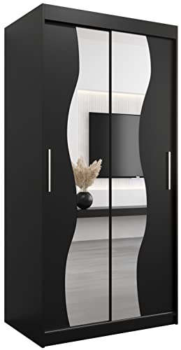 KRYSPOL Schwebetürenschrank Madryt 100 cm mit Spiegel Kleiderschrank mit Kleiderstange und Einlegeboden Schlafzimmer- Wohnzimmerschrank Schiebetüren Modern Design (Schwarz) von MEBLE KRYSPOL