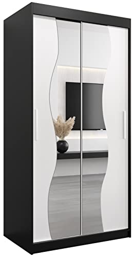 KRYSPOL Schwebetürenschrank Madryt 100 cm mit Spiegel Kleiderschrank mit Kleiderstange und Einlegeboden Schlafzimmer- Wohnzimmerschrank Schiebetüren Modern Design (Schwarz + Weiß) von MEBLE KRYSPOL