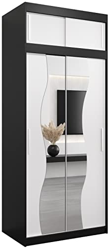 KRYSPOL Schwebetürenschrank Madryt 100 cm mit Spiegel Kleiderschrank mit Kleiderstange und Einlegeboden Schlafzimmer- Wohnzimmerschrank Schiebetüren Modern Design (Schwarz + Weiß mit Erweiterung) von KRYSPOL