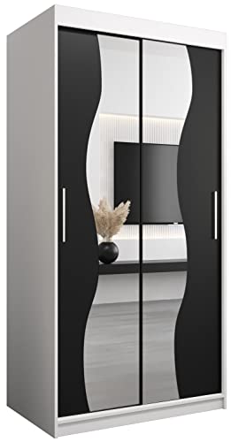 KRYSPOL Schwebetürenschrank Madryt 100 cm mit Spiegel Kleiderschrank mit Kleiderstange und Einlegeboden Schlafzimmer- Wohnzimmerschrank Schiebetüren Modern Design (Weiß + Schwarz) von MEBLE KRYSPOL