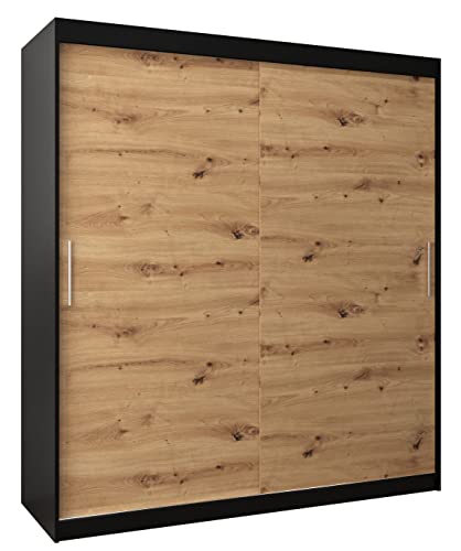 MEBLE KRYSPOL Tokyo 180 Kleiderschrank mit Zwei Schiebetüren für Schlafzimmer – moderner Aufbewahrungsschrank mit Kleiderstange und Regalen – 180x200x62cm - Mattschwarz + Artisan von MEBLE KRYSPOL