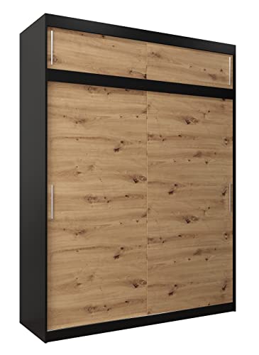 MEBLE KRYSPOL Tokyo 180 Kleiderschrank mit Zwei Schiebetüren für Schlafzimmer – moderner Aufbewahrungsschrank mit Kleiderstange und Regalen – 180x240x62cm - Mattschwarz + Artisan mit Verlängerung von MEBLE KRYSPOL