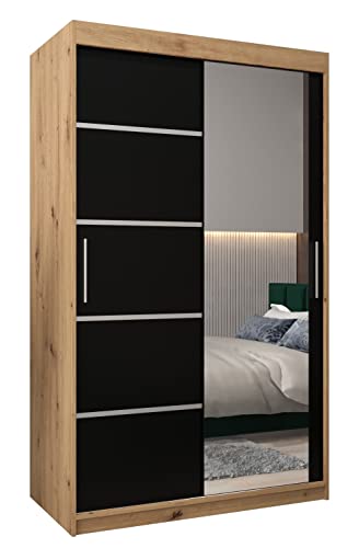 MEBLE KRYSPOL Verona 2 120 Schlafzimmerschrank mit Zwei Schiebetüren, Spiegel, Kleiderstange und Regalen – 120x200x62cm - Artisan + Mattschwarz von MEBLE KRYSPOL