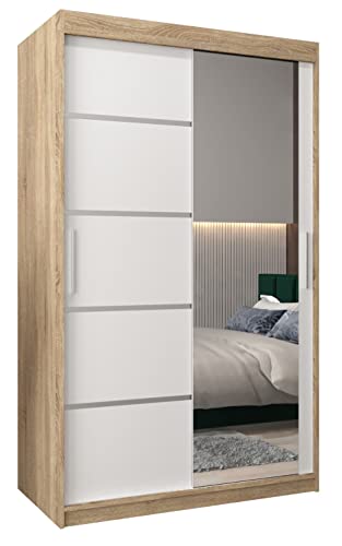 MEBLE KRYSPOL Verona 2 120 Schlafzimmerschrank mit Zwei Schiebetüren, Spiegel, Kleiderstange und Regalen – 120x200x62cm - Sonoma + Mattweiß von MEBLE KRYSPOL