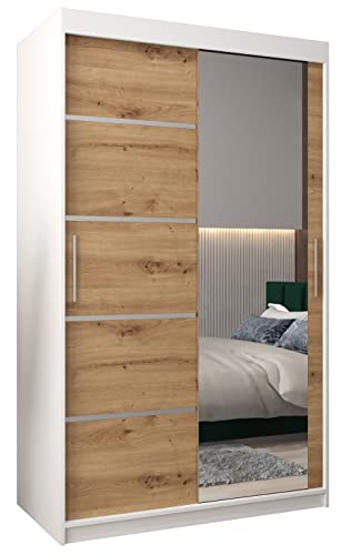 MEBLE KRYSPOL Verona 2 120 Schlafzimmerschrank mit Zwei Schiebetüren, Spiegel, Kleiderstange und Regalen – 120x200x62cm - Mattweiß + Artisan von MEBLE KRYSPOL