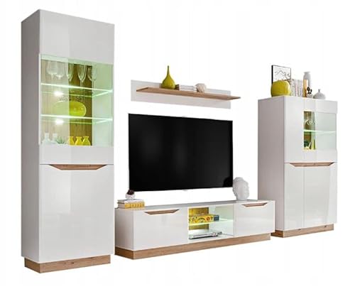 MEBLE KRYSPOL Wohnwand Wohnzimmer Fame – Wohnzimmer Möbel – Wohnwand Modern – Lowboard Wohnzimmer – Wohnzimmer Schrankwand – Wohnzimmer Möbel Modern - Weiß matt Weiß glänzend, Artisan Eiche von MEBLE KRYSPOL