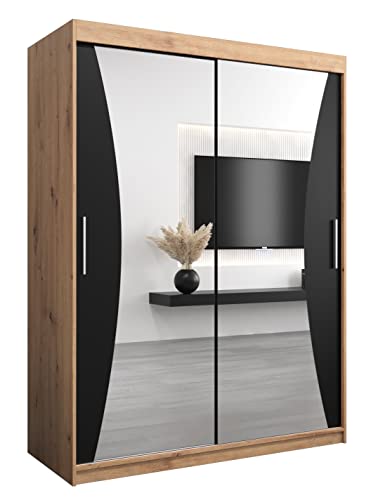 MEBLE KRYSPOL Monaco 150 Schlafzimmerschrank mit Zwei Schiebetüren, Spiegel, Kleiderstange und Regalen – 150x200x62cm - Artisan + Mattschwarz von MEBLE KRYSPOL