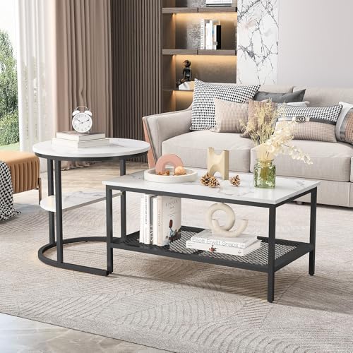 KRYZOR Couchtisch 2er Set, Weißer Marmor, Metallrahmen, Wohnzimmertisch 2er Set, Satztische Rund, Industrie Beistelltisch, Coffee Table, Für Wohnzimmer Schlafzimmer Balkon (Schwarz) von KRYZOR