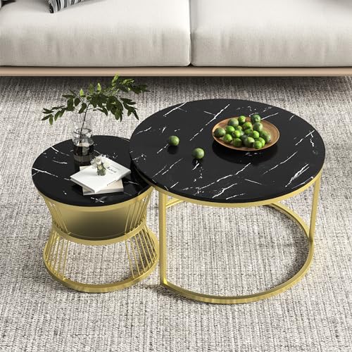 KRYZOR Couchtisch 2er Set Rund, Wohnzimmertisch mit Stauraum, Marmor Tischplatte, Metallrahmen Satztische 2er, Beistelltisch Rund, Für Schlafzimmer, Büro, Balkon (Schwarz) von KRYZOR