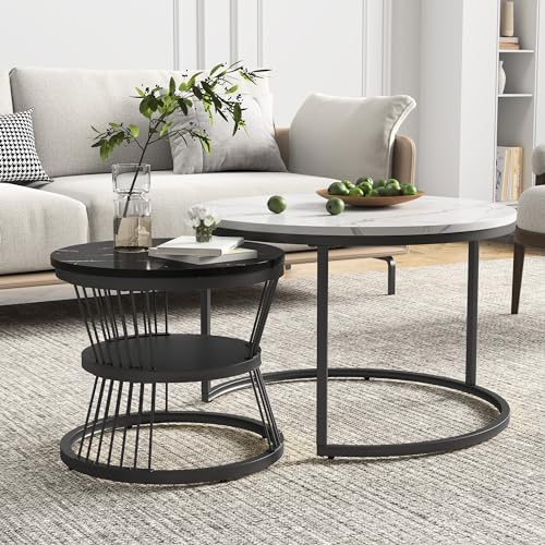 KRYZOR Couchtisch 2er Set Rund, Wohnzimmertisch mit Stauraum, Marmor Tischplatte, Metallrahmen Satztische 2er, Beistelltisch Rund, Für Schlafzimmer, Büro, Balkon (Schwarz und Weiß) von KRYZOR