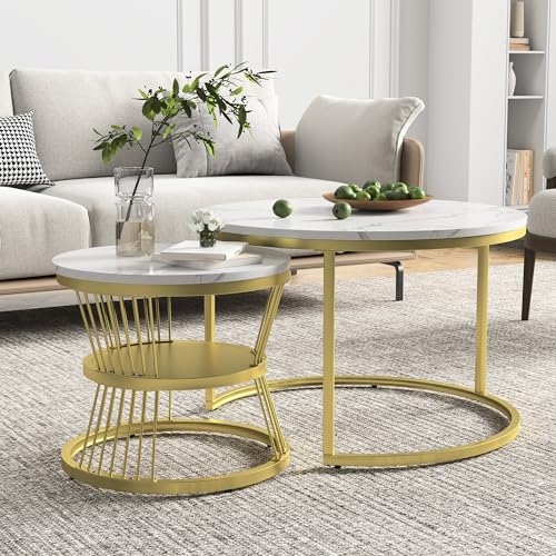 KRYZOR Couchtisch 2er Set Rund, Wohnzimmertisch mit Stauraum, Marmor Tischplatte, Metallrahmen Satztische 2er, Beistelltisch Rund, Für Schlafzimmer, Büro, Balkon (Weiß) von KRYZOR