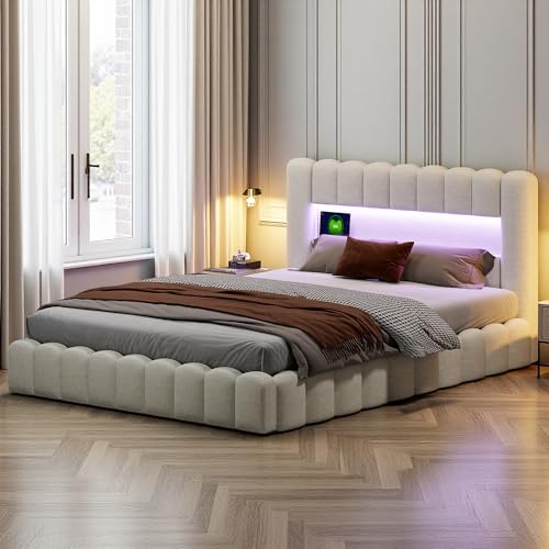 KRYZOR Polsterbett 160 x 200 cm mit Stauraum, Doppelbett mit LED und USB, Hydraulisches Bett mit Lattenrost und Metallrahmen, ohne Matratze, Leinen (Beige, 160 x 200 cm) von KRYZOR