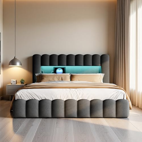 KRYZOR Polsterbett 160 x 200 cm mit Stauraum, Doppelbett mit LED und USB, Hydraulisches Bett mit Lattenrost und Metallrahmen, ohne Matratze, Leinen (Grau, 160 x 200 cm) von KRYZOR
