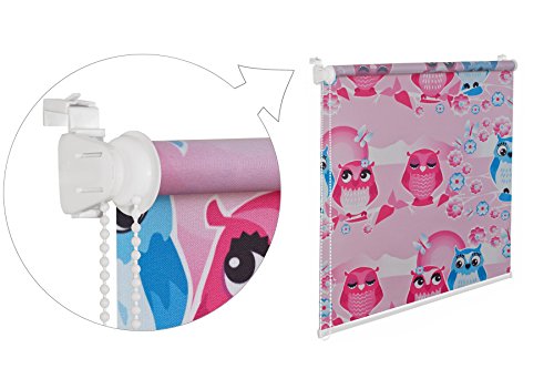 KS Handel 24 KINDERFENSTERROLLO Eule PINK 85 cm BREIT 150 cm LANG ROSA Weiss BLAU SICHTSCHUTZROLLO INKL. SEILZUG FENSTERROLLO 85x150 cm KINDERROLLO KINDERZIMMER von KS Handel 24