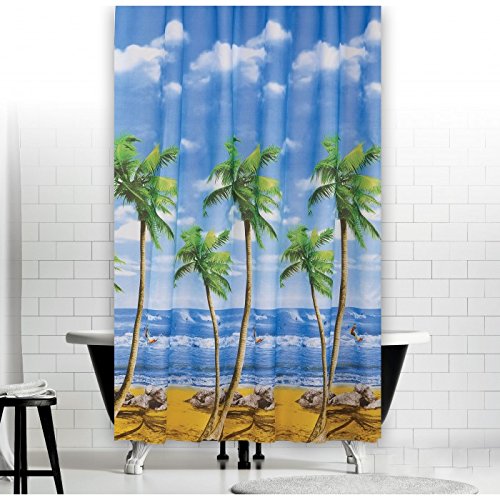 KS Handel 24 Textil DUSCHVORHANG Modell PALMENSTRAND Weiss BLAU GRÜN GELB BRAUN 240x180 cm INKL. QUALITÄTSRINGE 240 x 180! von Duschvorhang