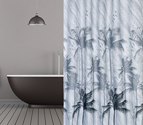 TEXTIL DUSCHVORHANG PALMEN GRAU SCHWARZ 240x180 cm HELLGRAU INKL. DUSCHVORHANGRINGE! SHOWER CURTAIN PALM BLACK GREY von KS Handel 24