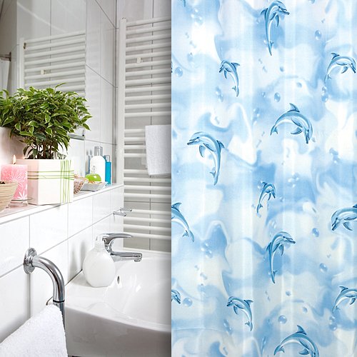 TEXTIL DUSCHVORHANG WEISS BLAU DELPHINE 240 x 180 +RING! SHOWER CURTAIN BLUE! von KS Handel 24