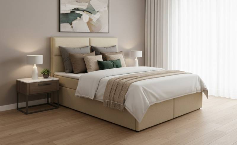 KS Home Concept Boxspringbett mit Bettkasten 120x200 cm, Bonellfederkern Matratze, Ecru (Bett + Topper 4cm) von KS Home Concept
