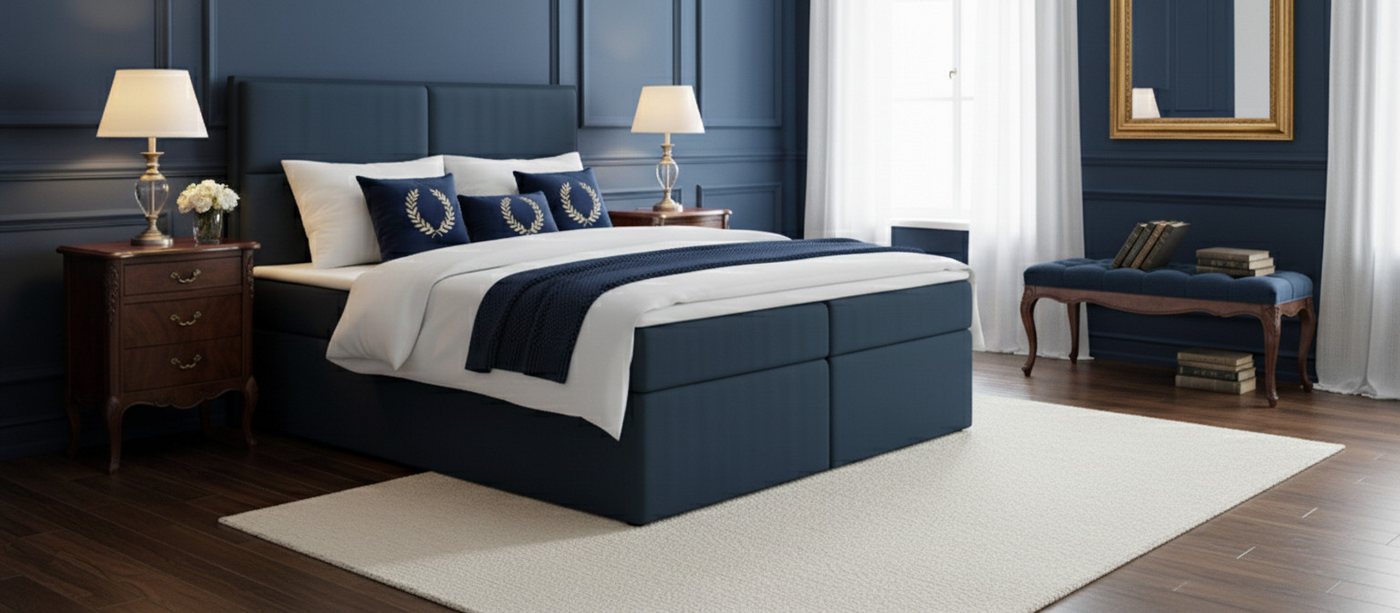 KS Home Concept Boxspringbett mit Bettkasten 120x200 cm, Bonellfederkern Matratze, Marineblau (Bett + Topper 4cm) von KS Home Concept