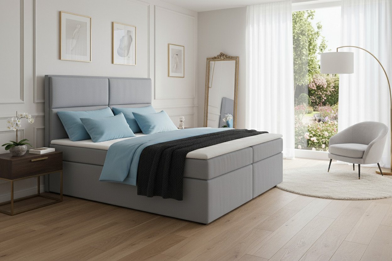 KS Home Concept Boxspringbett mit Bettkasten 120x200 cm, Bonellfederkern Matratze, Silber (Bett + Topper 4cm) von KS Home Concept