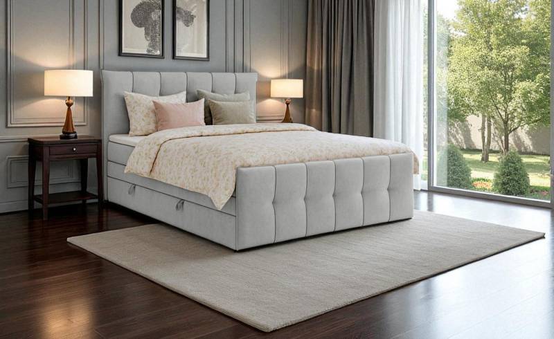 KS Home Concept Boxspringbett mit Bettkasten 120x200 cm, Taschenfederkern Matratze, Silber (Bett + Topper), SUPREME Boxspringbett mit Bettkästen, Topper & Härtegrad H4 von KS Home Concept
