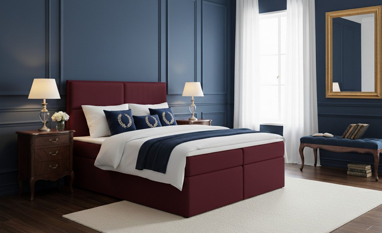 KS Home Concept Boxspringbett mit Bettkasten 140x200 cm, Bonellfederkern Matratze, Bordeaux (Bett + Topper 4cm) von KS Home Concept