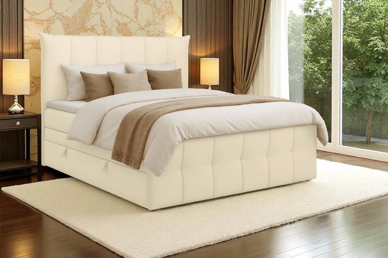 KS Home Concept Boxspringbett mit Bettkasten 140x200 cm, Bonellfederkern Matratze, Ecru (Bett + Topper), SUPREME Boxspringbett mit Bettkästen, Topper & Härtegrad H3 von KS Home Concept