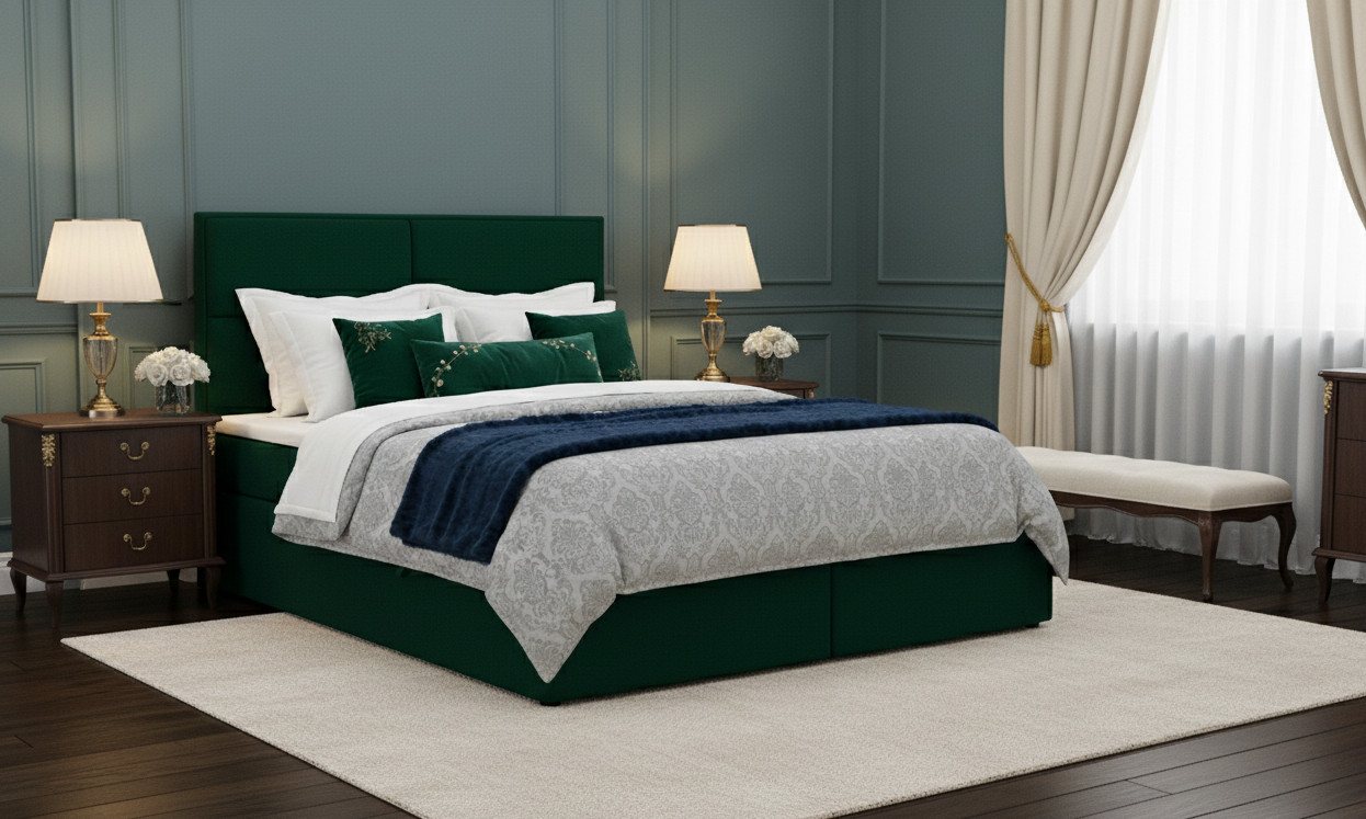 KS Home Concept Boxspringbett mit Bettkasten 140x200 cm, Bonellfederkern Matratze, Flaschengrün (Bett + Topper 4cm) von KS Home Concept