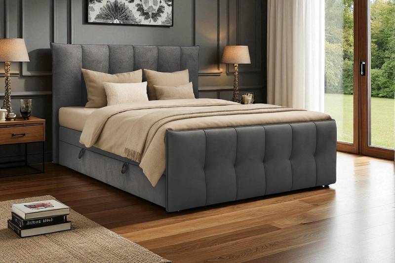 KS Home Concept Boxspringbett mit Bettkasten 180x200 cm, Bonellfederkern Matratze, Anthrazit (Bett + Topper), SUPREME Boxspringbett mit Bettkästen, Topper & Härtegrad H3 von KS Home Concept