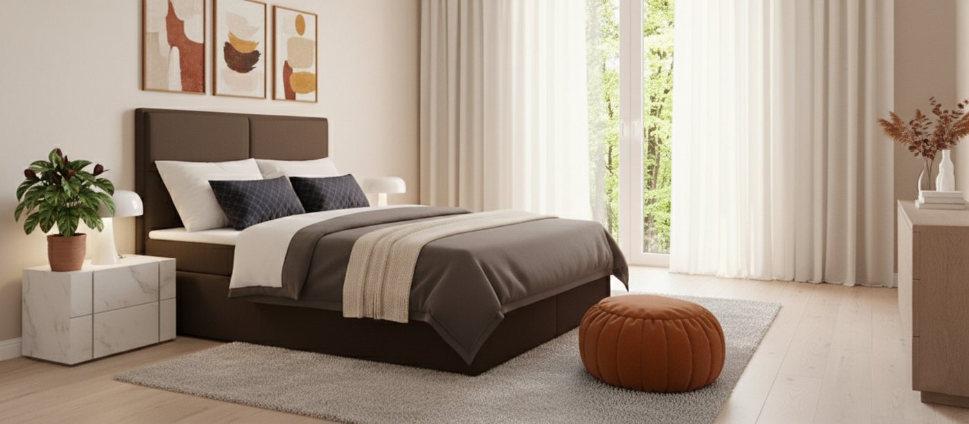 KS Home Concept Boxspringbett mit Bettkasten 200x200 cm, Taschenfederkern Matratze, Bitterschokolade (Bett + Topper 4cm) von KS Home Concept
