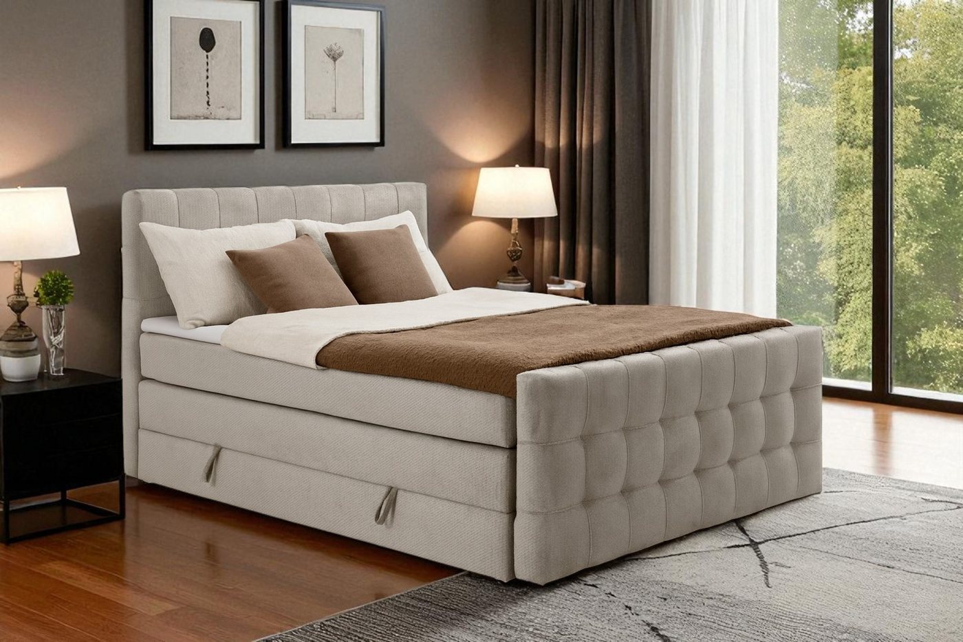 KS Home Concept Boxspringbett mit Bettkasten IMPERIAL 160x200 cm, Bonell Matratze H3 - Beige (Bett + Topper), Boxspringbett mit 2 Bettkästen, Topper & Härtegrad H3/H4 von KS Home Concept