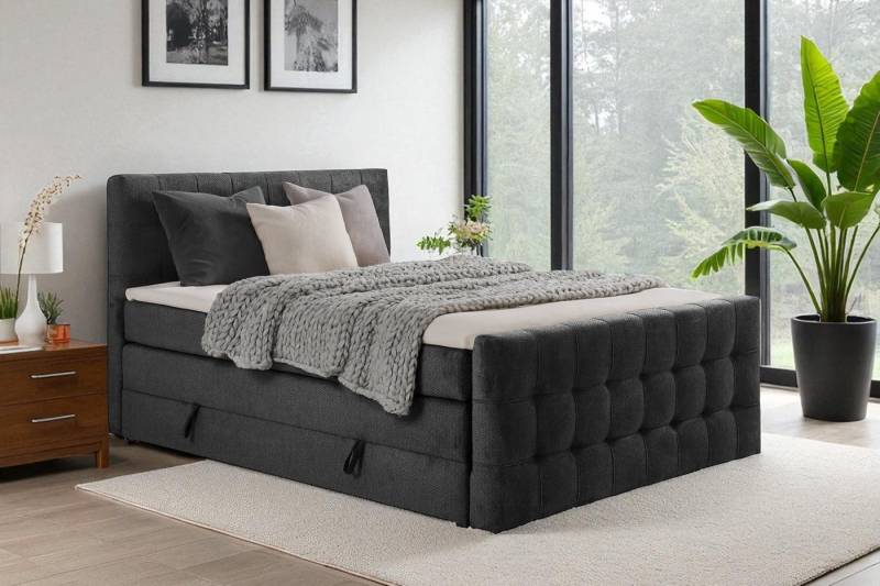 KS Home Concept Boxspringbett mit Bettkasten IMPERIAL 200x200 cm, Bonell Matratze H3 - Grau (Bett + Topper), Boxspringbett mit 2 Bettkästen, Topper & Härtegrad H3/H4 von KS Home Concept