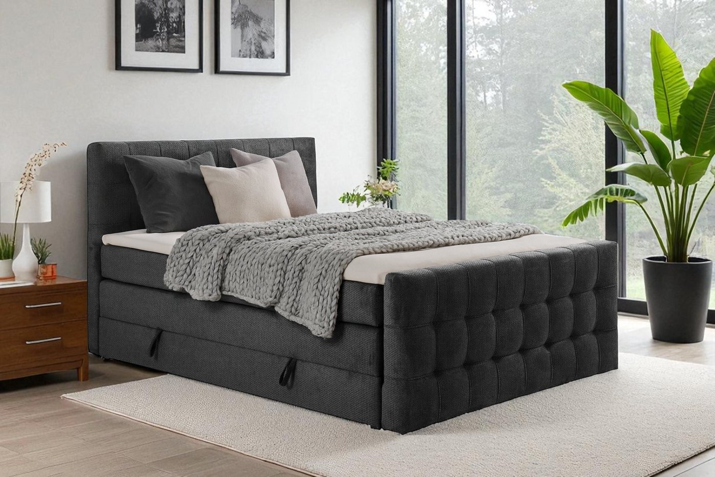KS Home Concept Boxspringbett mit Bettkasten IMPERIAL 200x200 cm, Pocket Matratze H4 - Grau (Bett + Topper), Boxspringbett mit 2 Bettkästen, Topper & Härtegrad H3/H4 von KS Home Concept