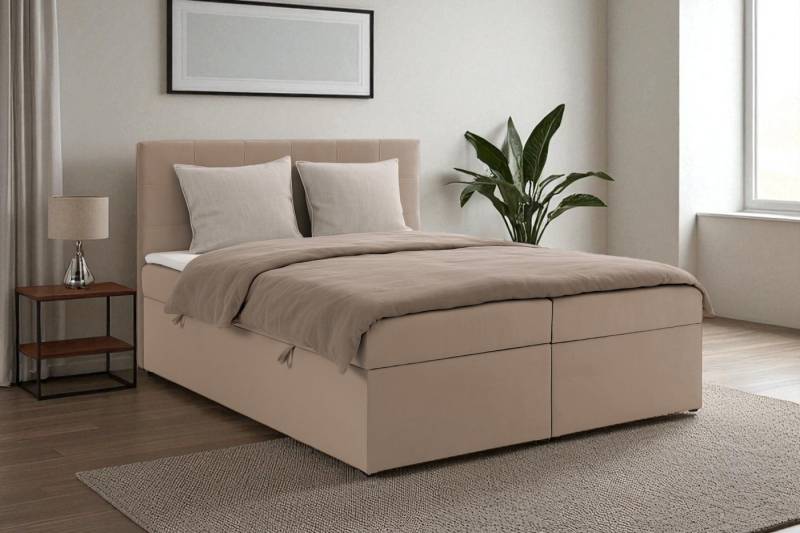 KS Home Concept Boxspringbett mit Bettkasten VELLIS 140x200 - Bonellfederkern Matratze - Beige (Bett + Topper), Boxspringbett mit seitlich öffnenden Bettkästen & Topper von KS Home Concept