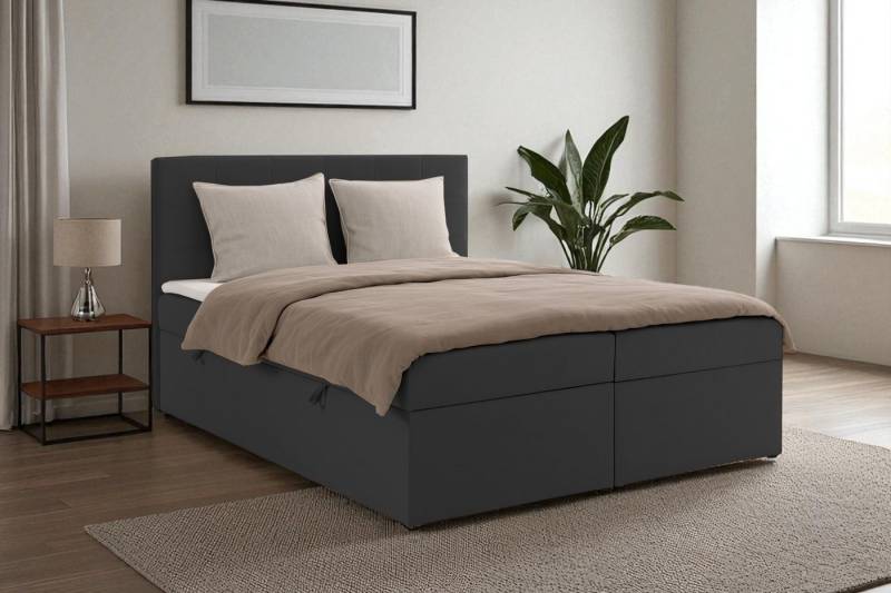 KS Home Concept Boxspringbett mit Bettkasten VELLIS 140x200 - Bonellfederkern Matratze - Grau (Bett + Topper), Boxspringbett mit seitlich öffnenden Bettkästen & Topper von KS Home Concept