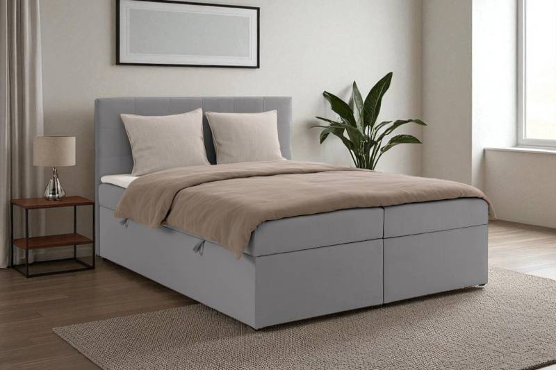 KS Home Concept Boxspringbett mit Bettkasten VELLIS 140x200 - Bonellfederkern Matratze - Silver (Bett + Topper), Boxspringbett mit seitlich öffnenden Bettkästen & Topper von KS Home Concept
