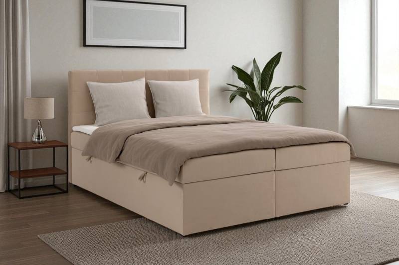 KS Home Concept Boxspringbett mit Bettkasten VELLIS 200x200 - Bonellfederkern Matratze - Hellbeige (Bett + Topper), Boxspringbett mit seitlich öffnenden Bettkästen & Topper von KS Home Concept
