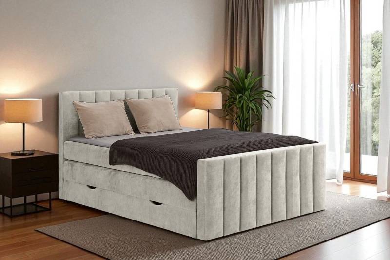 KS Home Concept Boxspringbett mit Bettkasten VELTRA 120x200 - Bonellfederkern Matratze - Hellgrau (Bett + Topper), Doppelmatratze mit Stauraum & Standard-Topper, H3/H7 von KS Home Concept